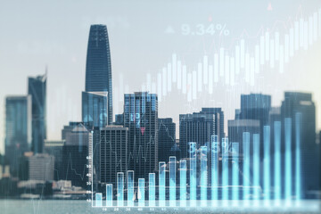 Fototapeta na wymiar Multi exposure of abstract virtual financial graph hologram on San Francisco skyline background, forex and investment concept