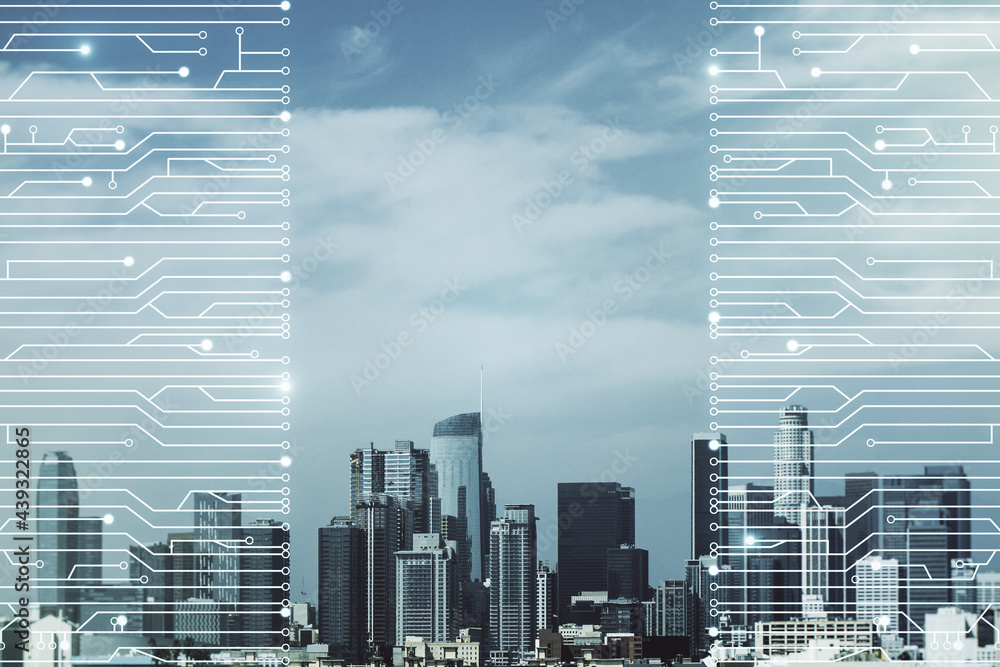 Poster abstract virtual microscheme illustration on los angeles skyline background. big data and database c