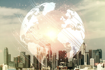 Multi exposure of abstract graphic world map hologram on Los Angeles office buildings background,...