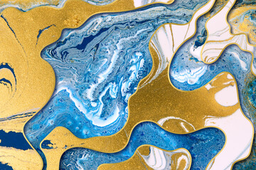 Marble blue ink and gold dust abstract background with gold gradient borders