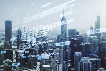 Abstract virtual coding concept on Chicago skyline background. Multiexposure