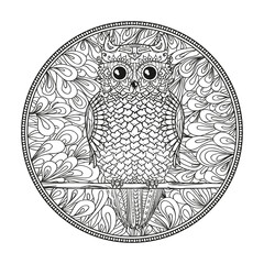 Circle mandala with owl. Zentangle. Hand drawn abstract patterns on isolation background. Design for spiritual relaxation for adults. Zendala. Outline for tattoo, printing on t-shirt, poster. Zen art