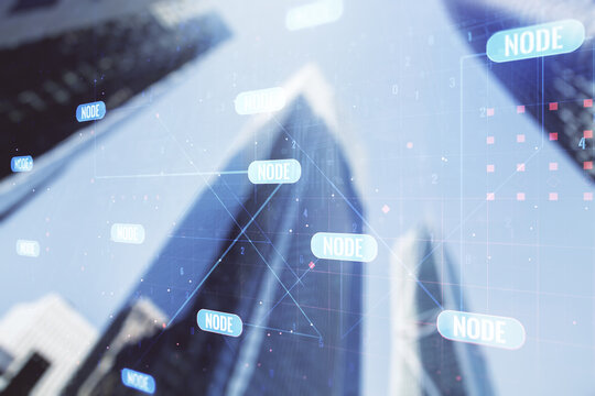 Multi exposure of abstract programming language hologram on blurry cityscape background, artificial intelligence and machine learning concept
