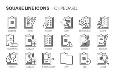 Clipboard related, square line vector icon set