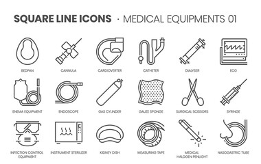 Medical equipments, square line vector icon set. - obrazy, fototapety, plakaty