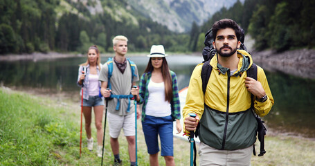 Obraz na płótnie Canvas Hiking camping backpacker outdoor journey travel trekking concept