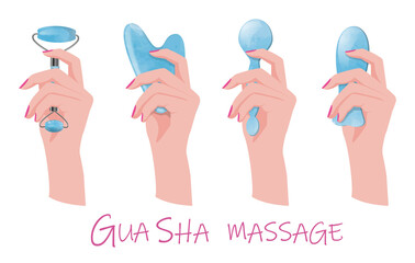 The hand holds different tools for Gua sha facial massage. Scrapers and roller for massage. Isolated design element on a white background. EPS10.