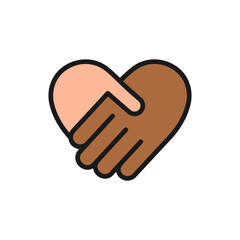 Handshake in heart shape icon. National tolerance symbol. Global communication sign. No to racism concept. Vector isolated on white