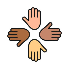 Hands together with different skin color. Multinational teamwork concept. Friendship symbol. Global teamwork sign. No to racism. Vector isolated on white