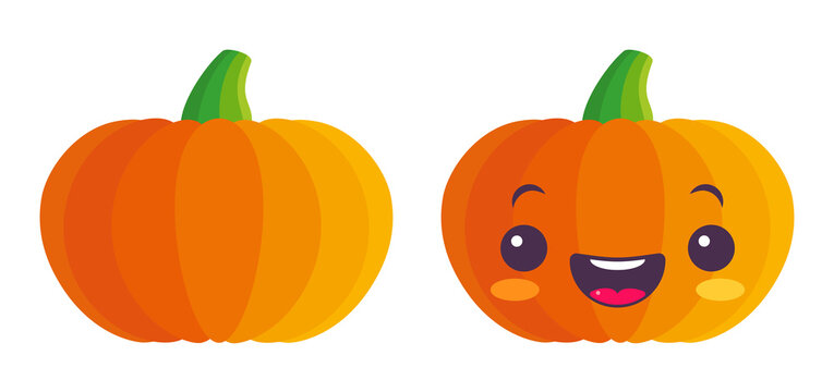 Vector set icons of pumpkin for Halloween in kawaii style.