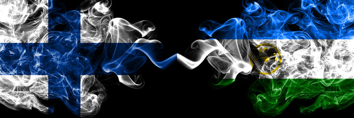 Finland, Finnish vs Russia, Bashkortostan smoky flags side by side.