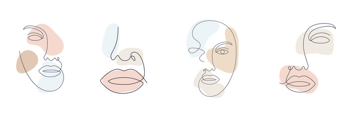 Continuous line girl head. One line woman drawing face set. Minimalism art. Female contour portraits collection. Fashion beauty concept. Vector illustration isolated on white background