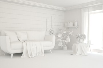 Fototapeta na wymiar White minimalist living room with sofa. Scandinavian interior design. 3D illustration