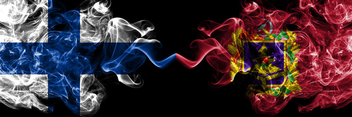 Finland, Finnish vs Russia, Bryansk Oblast smoky flags side by side.