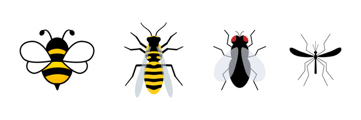 Cute insect flat character set. Cute bee, wasp, fly and mosquito. Vector isolate on white