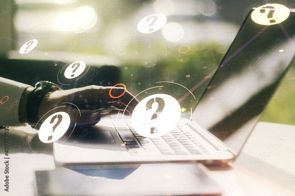 Aufkleber double exposure of question mark hologram and hands typing on laptop on background. sociology and ps