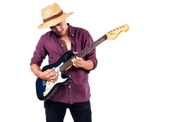 Young Asian man musician wearing a hat with electric guitar isolated on white background.