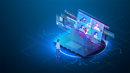 Video conference online call isometric landing page, colleagues business people team.Isometric illustration of the browser window or online meeting work from home. Online meeting work form hom. Vector