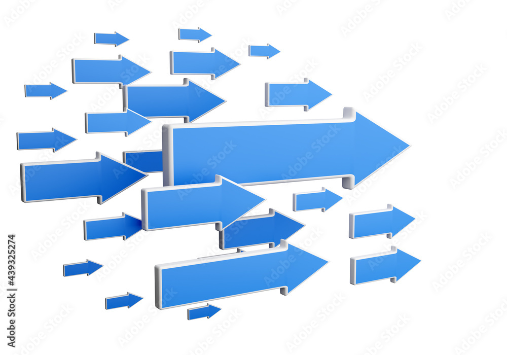 Poster Many blue arrows on a white background. Blue arrows of different sizes are next to each other. They all point in same direction. Arrows indicating forward movement symbolize leadership. 3d image