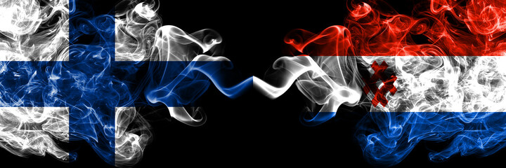 Finland, Finnish vs Russia, Russian, Permyakia smoky flags side by side.