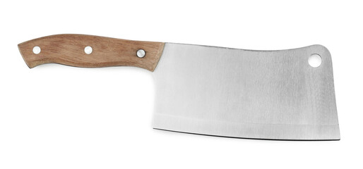 Large sharp cleaver knife with wooden handle isolated on white - Powered by Adobe