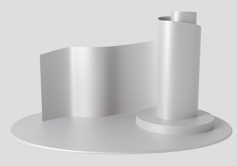 White pedestal on a light background. Podium stand for displaying various products. Background or Podium stand for jewelry display. 3d rendering podium stand. Abstract product display.