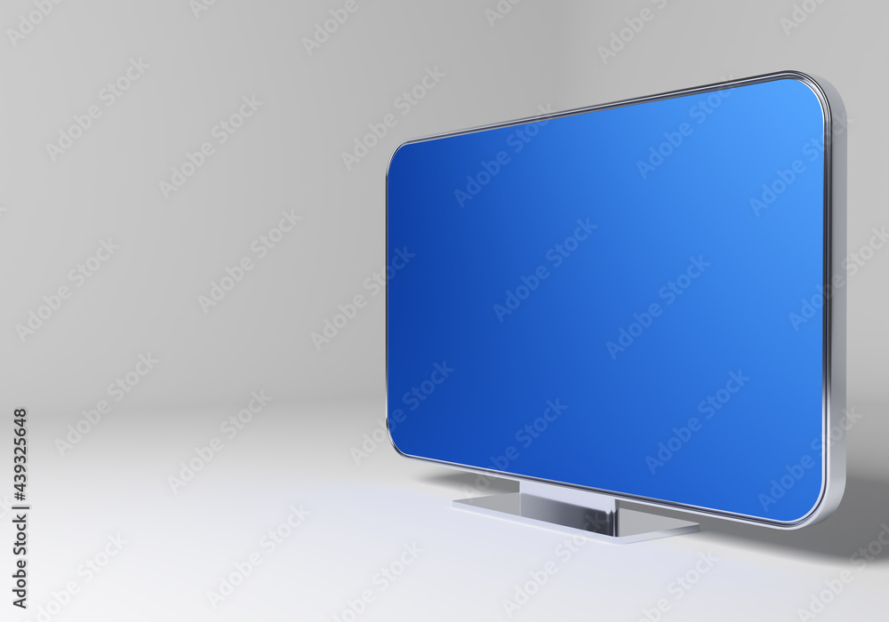 Poster blue screen with metal frame and stand. blue screen in a modern style. display mockup on a light bac