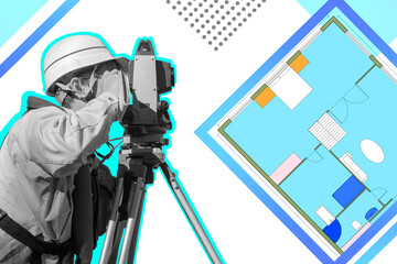 Surveyor taking a picture with a theodolite. Surveyor next to architectural drawings. Concept of...