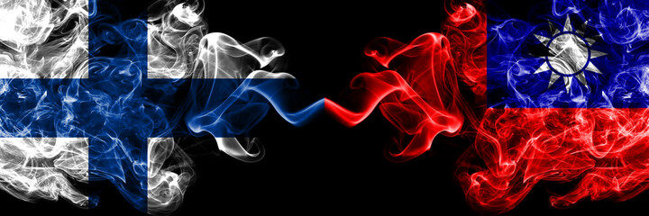 Finland, Finnish vs Taiwan, Taiwanese, China, Chinese smoky flags side by side.