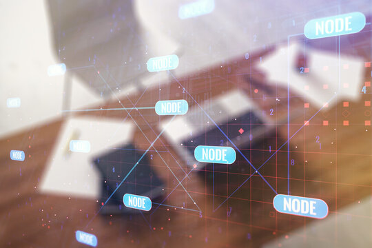 Abstract creative coding concept and modern desktop with computer on background. Multiexposure