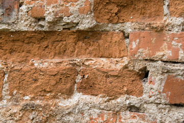 Very old brick wall of red brick. Background with copy space.