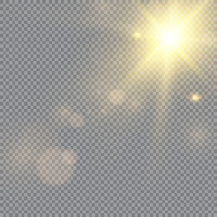 The bright light of the sun. Transparent sunlight. Special lens flare light effect. Front solar lens flare. 
