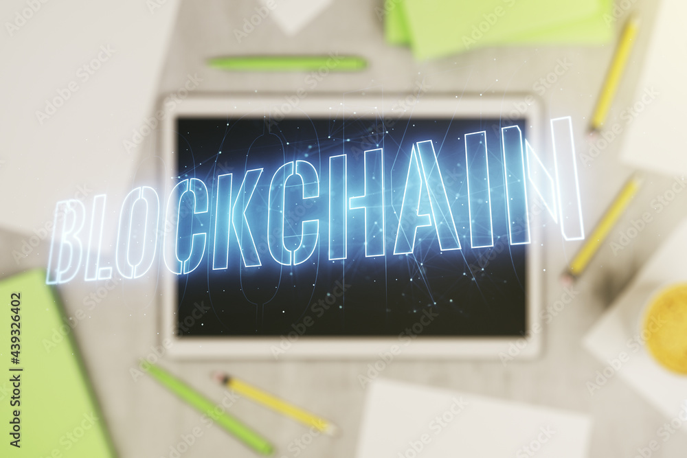 Poster creative concept of blockchain technology and modern digital tablet on background, top view. digital
