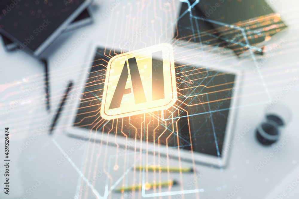 Poster Double exposure of creative artificial Intelligence icon and digital tablet on background, top view. Neural networks and machine learning concept