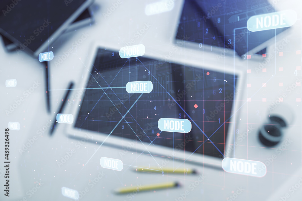 Aufkleber double exposure of abstract creative programming illustration and modern digital tablet on backgroun