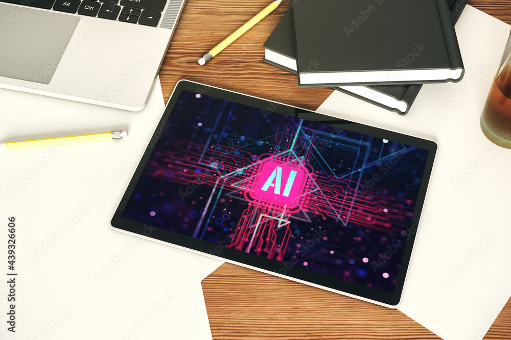 Poster creative artificial intelligence symbol concept on modern digital tablet display. top view. 3d rende