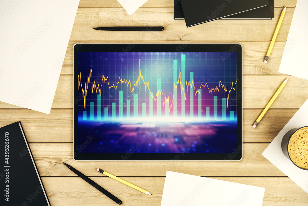 Poster modern digital tablet monitor with abstract creative financial chart, research and analytics concept