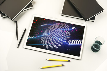 Abstract creative fingerprint illustration on modern digital tablet monitor, digital access concept. Top view. 3D Rendering