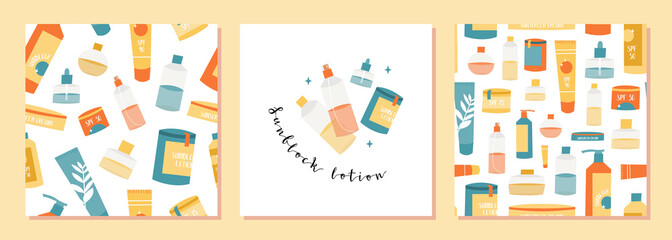 Sunscreen products in different bottles. Sunblock lotion, oil, gel, moisturizer, spray. UV protection, skin care with SPF. Vector flat cartoon illustration, seamless pattern