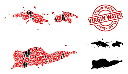 Mosaic map of American Virgin Islands constructed from covid icons and people icons. Virgin Water grunge seal. Black people icons and red covid icons. Virgin Water phrase is inside round seal stamp.