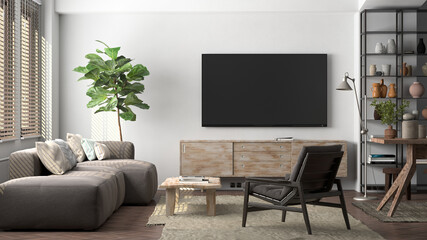 TV screen mock up on the white wall in modern living room.