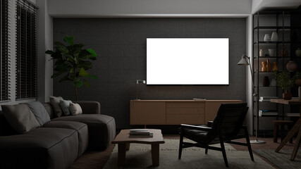 Glowing TV screen mock up at night in the living room with concrete wall.