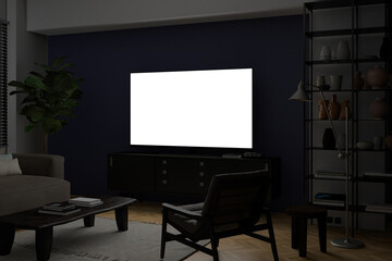 Glowing TV screen mock up at night in the living room with blue wall.