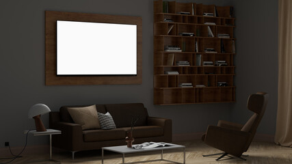 Glowing TV screen mock up at night in the living room with white wall.