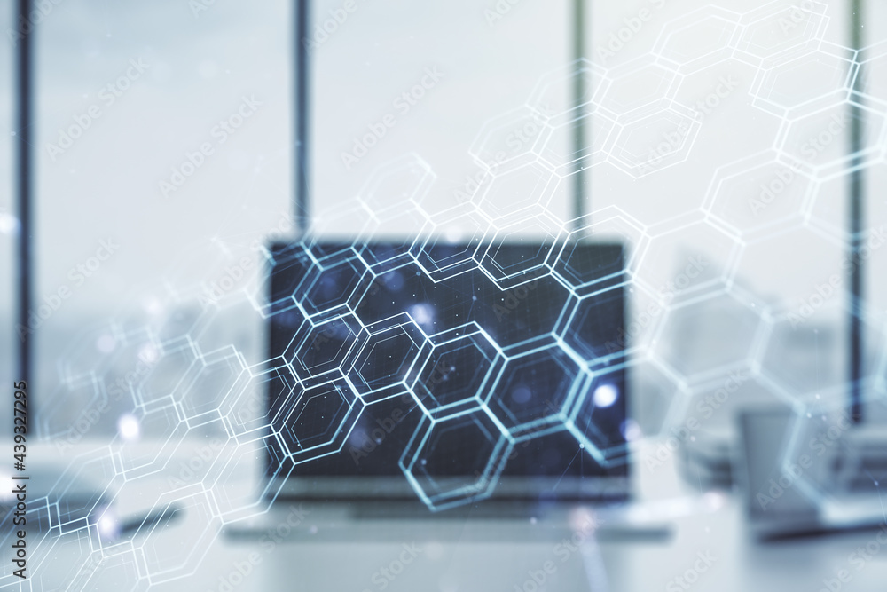 Poster creative concept of wireless technology with hexagon hologram on modern laptop background. big data 