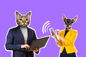 Art collage on theme of business processes. Concept of businessman and his secretary. Modern design as symbol business. Creative art collage. Businessmans with cat and dog heads on lilac background