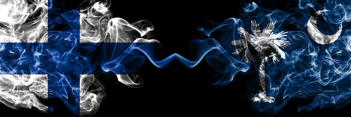 Finland, Finnish vs United States of America, America, US, USA, American, South Carolina smoky flags side by side.
