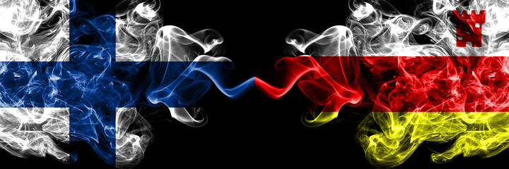 Finland, Finnish vs United States of America, America, US, USA, American, Santa Barbara, California smoky flags side by side.