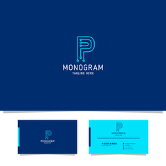 Bright blue electronic circuit letter P monogram initial logo with business card template