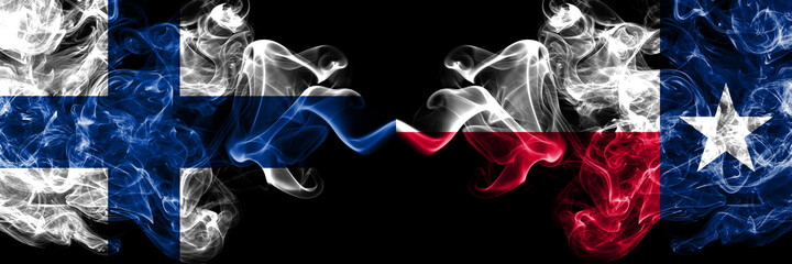 Finland, Finnish vs United States of America, America, US, USA, American, Texas smoky flags side by side.